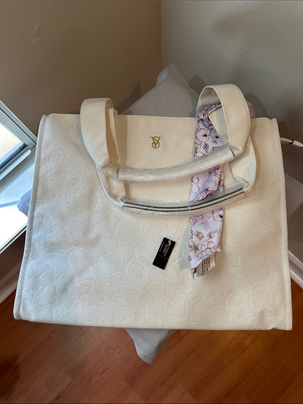 Elegant Cream Tote Bag with Floral Scarf Accent Victoria’s Secret brand new